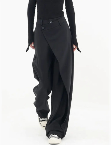 Pantaloni eleganti a gamba larga con bottoni a strati asimmetrici