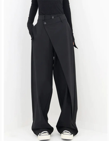 Pantaloni eleganti a gamba larga con bottoni a strati asimmetrici 2